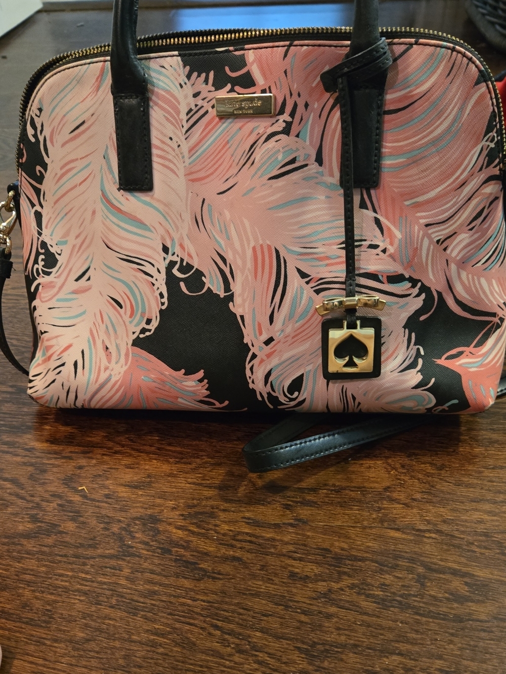 kate spade Black and Pink Feather-Print Dome Rachelle Satchel